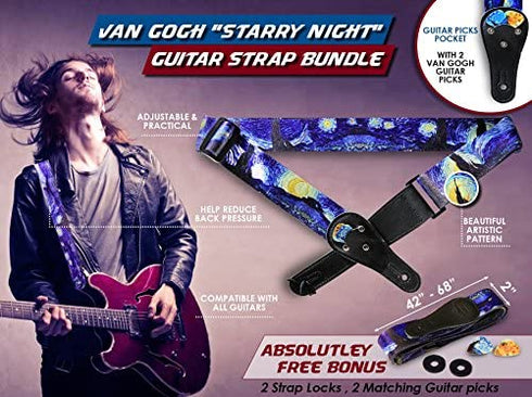 Van Gogh "Starry Night" Guitar Strap Christmas Gift Includes 2 Strap Locks & 2 Matching Picks. Adjustable Guitar Strap - Stocking Stuffer for Men Women Guitarist for Bass, Electric & Acoustic