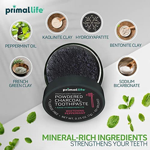 Primal Life Organics - Dirty Mouth Toothpowder, Activated Charcoal Tooth Cleaning Powder, Essential Oils With Hydroxyapatite, Kaolin & Bentonite Clay, 60+ Brushings, Organic, Vegan (Black Peppermint, 0.25 oz)