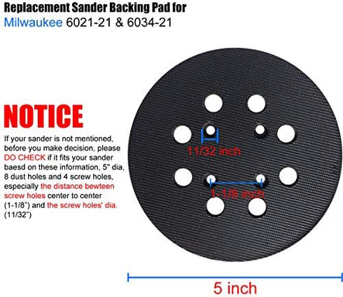 5" Hook and Loop Sander Pad for Milwaukee 6021-21, 6034-21 Random Orbit Sanders - Replacement for Pad Part Number 51-36-7100 - with Extra Hard Backing