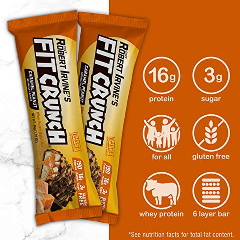 FITCRUNCH Snack Size Protein Bars, Designed by Robert Irvine, World’s Only 6-Layer Baked Bar, Just 3g of Sugar & Soft Cake Core (Caramel Peanut)