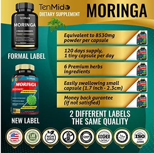 2 Packs Moringa Capsules 8530mg, 4 Months Supply & Turmeric, Ashwagandha, Ginger, Licorice, Black Pepper| Immune Support, Energy Booster | Multi Vitamin Oleifera Leaf Herb | Antioxidant Supplements