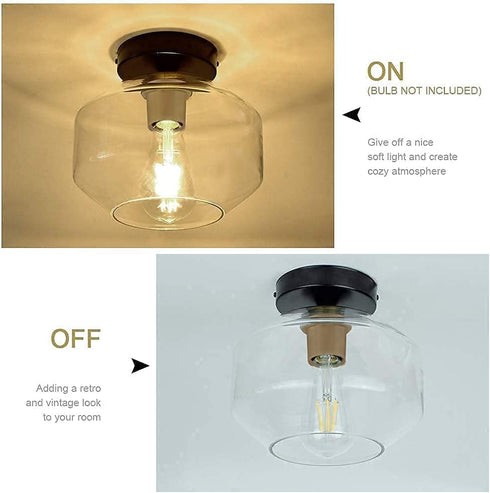 DLLT Industrial Semi Flush Mount Ceiling Light, Clear Glass Shade Ceiling Light Fixture, Farmhouse Ceiling Lighting for Hallway, Entryway, Passway, Bedroom, Corridor, Foyer (Bulb Not Included)