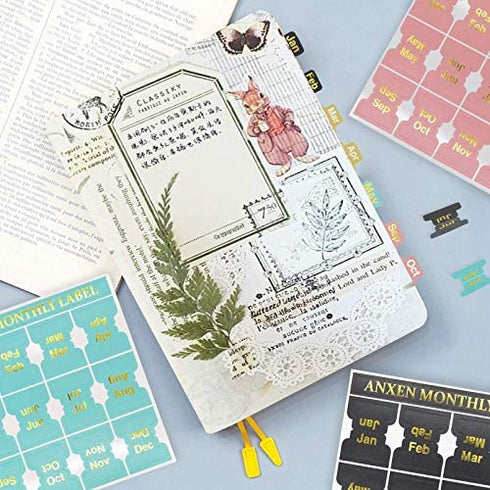OWLKELA - 48 Pieces Self-Adhesive Month Stickers, Adhesive Tabs Designer Accessories Monthly Tabs Planner Stickers Decorative, Planner Tabs for Journal and Notebook