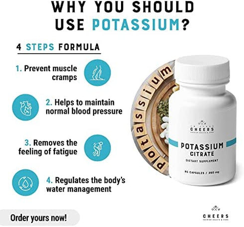 Cheers Natural Potassium Citrate Capsules 333mg | 90 Vegan Potassium Tablets | 1000mg Daily Dosage | Keto Potassium Supplement Premium Quality for Adults | Natural Mineral Electrolyte