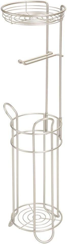 mDesign Freestanding Metal Wire Toilet Paper Roll Dispenser and Holder Stand for Bathroom Storage Organization - Top Round Storage Tray Shelf for Cell Phone, Book, Spray - Holds 4 Mega Rolls - Satin