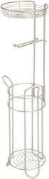 mDesign Freestanding Metal Wire Toilet Paper Roll Dispenser and Holder Stand for Bathroom Storage Organization - Top Round Storage Tray Shelf for Cell Phone, Book, Spray - Holds 4 Mega Rolls - Satin