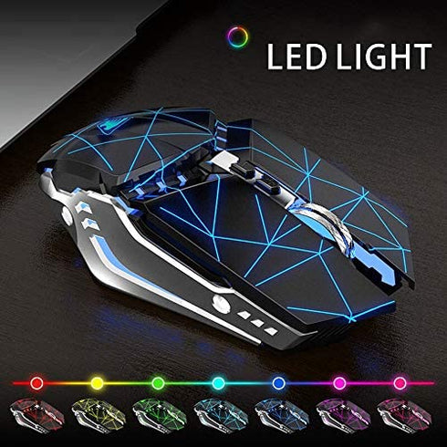 TENMOS T12 Wireless Gaming Mouse Rechargeable, 2.4G Silent Optical Wireless Computer Mice with Changeable LED Light Compatible with Laptop PC, 7 Buttons, 3 Adjustable DPI (Starry Black)