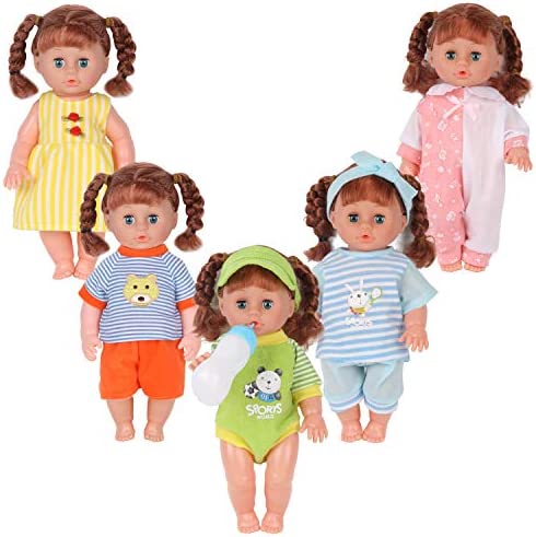Young Buds Set of 5 for 12-13-14 Inch Newborn Reborn Alive Doll Baby Doll Clothes Dress Costumes Gown Outfits with Feeding Bottle Birthday Xmas Present Wrap