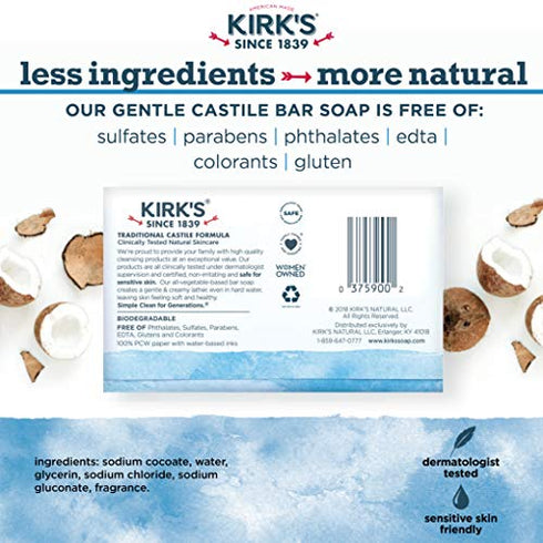 Kirk's Castile Bar Soap Clean Soap for Men, Women & Children| Premium Coconut Oil | Sensitive Skin Formula, Vegan | Original Fresh Scent | 4 oz. Bars - 3 Pack