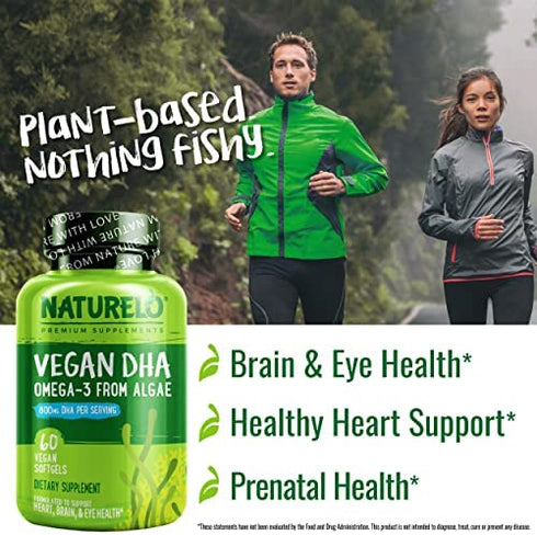 NATURELO Vegan DHA - Omega 3 Oil from Algae - Supplement for Brain, Heart, Joint, Eye Health - Provides Essential Fatty Acids for Women, Men and Kids - Complements Prenatal Vitamins - 60 Softgels
