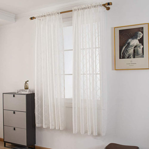 H.ebony White Semi Sheer Curtains with Moroccan Embroidery Trellis Design 63 inch Length for Living Room, Geometric Embroidered Pattern Curtain Panels Ivory Semi Rod Pocket 2 Panels,52" Wx63 L
