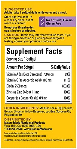 Nature Made Hair Skin and Nails with Biotin 2500 mcg, Dietary Supplement For Healthy Hair Skin and Nails Support, 120 Softgels, 120 Day Supply