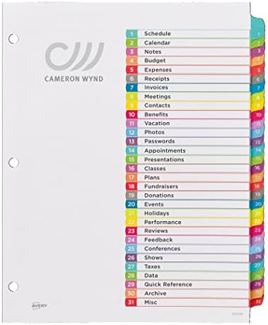 Avery 31-tab Dividers for 3 Ring Binders, Customizable Table of Contents, Multicolor Tabs, 1 Set (11846)