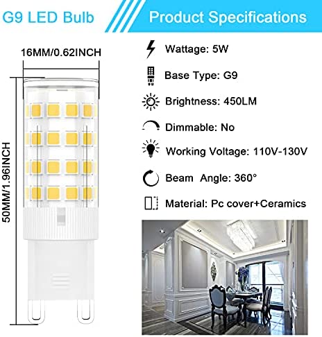 G9 LED Bulb, G9 Light Bulbs 5W (40W Halogen Equivalent), Daylight White 6000K G9 Bi Pin Base Chandelier Light Bulb, 120V 450LM Non-Dimmable LED Bulbs for Bedroom Home Lighting (6 Pack)