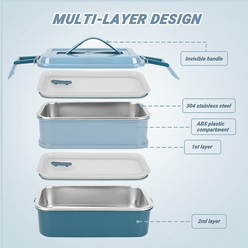 welltop Bento Box, 1400ML Large Capacity Bento Lunch Boxes Leakproof Stainless Steel Food Storage Container Modern Bento-Style Design Includes 2 Stackable Containers for Adults Kids (Blue)