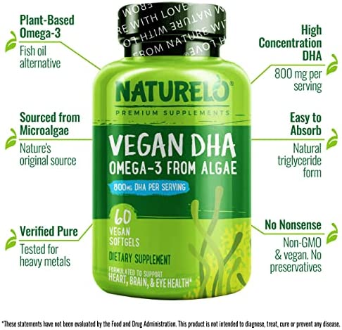 NATURELO Vegan DHA - Omega 3 Oil from Algae - Supplement for Brain, Heart, Joint, Eye Health - Provides Essential Fatty Acids for Women, Men and Kids - Complements Prenatal Vitamins - 60 Softgels