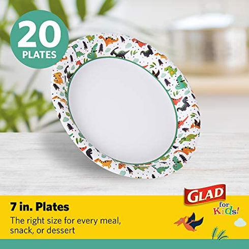Glad for Kids 7-Inch Paper Plates | Small Round Paper Plates With Cute Dinosaur Design for Kids | Heavy Duty Disposable Soak Proof Microwavable Paper Plates for All Occasions, 20 Count