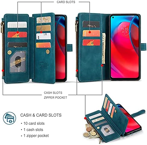HAII Case for Moto G Stylus 5G 2021, Flip Leather Wallet Case with 10 Card Slot Holder Zipper Pocket Kickstand Magnetic Closure Shockproof Flip Folio Cover for Moto G Stylus 5G 2021 (Teal)