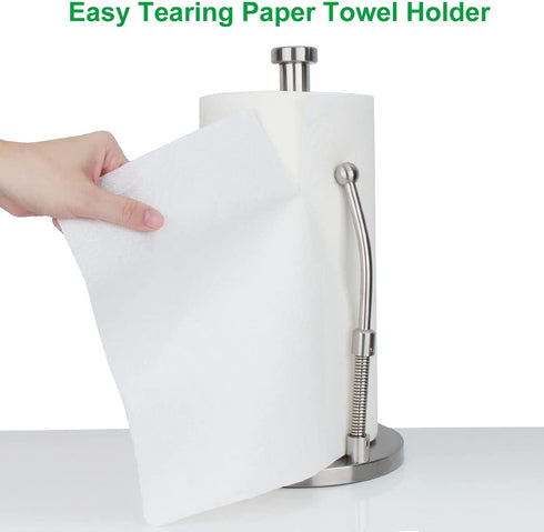Easy Tear Paper Towel Holder Countertop, Stainless Steel Paper Towel Holder Standing, Weighted Paper Towel Holders Counter with an Adjustable Spring Arm Upright Vertical Paper Towels Organizer