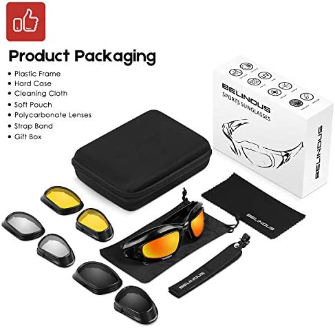 BELINOUS Polarized Motorcycle Riding Glasses Goggles for Men Foam Padding, Windproof Anti-dust Sunglasses w/ 4 Interchangeable Lens Kit & Case, Protective Eyewear for Driving Biking Day and Night