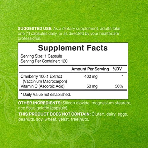 Cranberry Pills with Vitamin C , 2-1 Formula, 100 :1 Fruit Concentrate | Equals to 40,000 mg Fresh Cranberries | 120 Capsules, 4X Ultimate Urinary Tract Support, No Sugar, No GMO, No Gluten