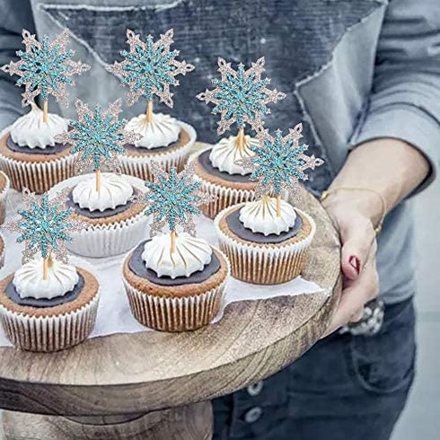 Ercadio 24 Pack Snowflake Cupcake Toppers Double Layers Silver and Blue Winter Theme Cupcake Picks Baby Shower Kids Birthday Party Christmas Cake Decorations Supplies
