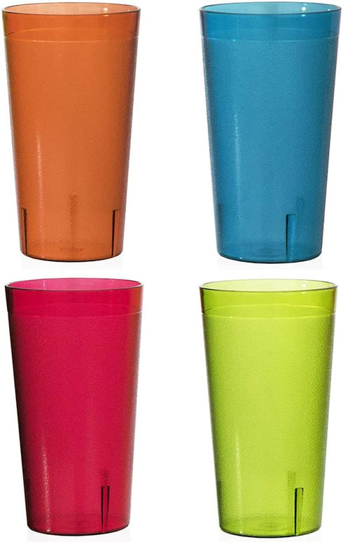 Cafe Break-Resistant Plastic 20oz Restaurant-Quality Beverage Tumblers | Set of 16 in 4 Assorted Colors.