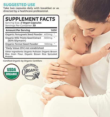USDA Organic Lactation Supplement - Increase Milk Supply with Herbal Breastfeeding Support - Aid for Mothers - Organic: Fenugreek Seed, Fennel & Milk Thistle - 60 Vegan Capsules (No Pills or Cookies)