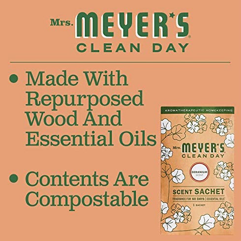 Mrs. Meyer's Air Freshener Sachets, Fragrance for your Locker, Car, Closet, and Gym Bag, Geranium, Pack of 3