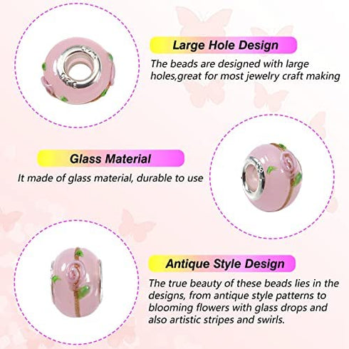 TOAOB 50pcs Pink European Large Hole Beads Spacer Glass Lampwork Craft Beads Rhinestone Metal Beads for DIY Charms Bracelet Necklace Jewelry Making