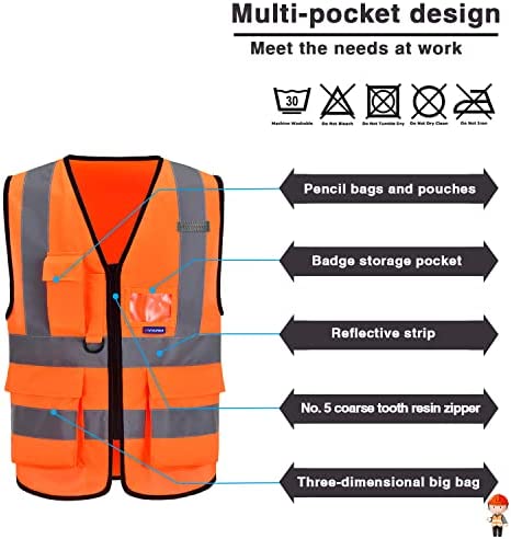 A-SAFETY Orange High Visibility Safety Vest Reflective,, 3M Multi Pockets Working Vest Working Uniform Zipper Front ANSI/ISEA Standards 7 Pockets Class 2,3XL