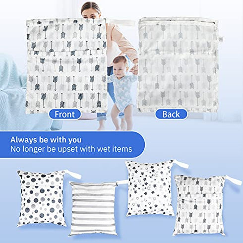 4 Pieces Waterproof Wet Bag Reusable Washable Wet Dry Bag Sealed Wet Diaper Bag with Handle for Travel, Beach, Wet Swimwear, Diapers, Dirty Gym Clothes and Toiletries, 12 x 14 Inch (Geometry)