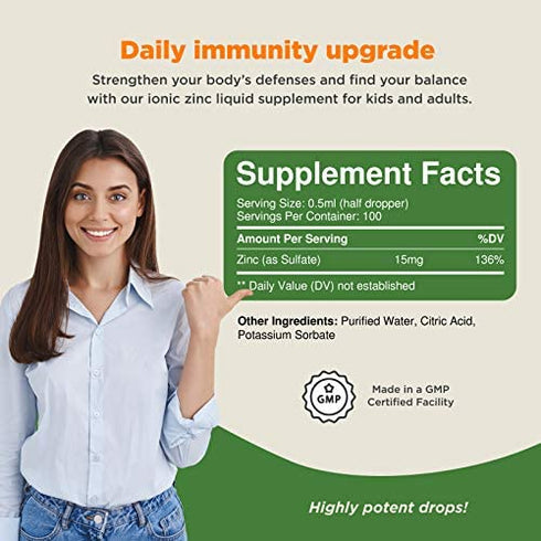 Liquid Zinc Sulfate Immunity Booster - Pure Zinc Supplement for Immune Support Mood Boost and Brain Support - Immune Boost Liquid Ionic Zinc Drops Supplement for Hair Skin and Nails Mineral Supplement