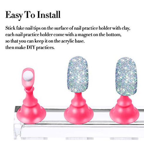 2 Set Acrylic Nail Art Practice Stands Magnetic Nail Tips Holders Training Fingernail Display Stands DIY Nail Crystal Holders and 96 Pieces White Reusable Adhesive Putty (Pink)