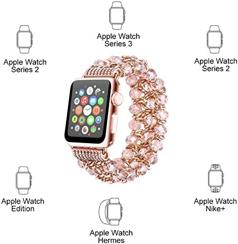Bling Beaded Bracelet Compatible for Apple Watch 38mm 40mm 41mm 42mm 44mm 45mm 49mm Band,Fohuas Luxury Crystal Glitter Beads Pearl Bangle for iWatch Ultra Series SE 8 7 6 5 4 3 2 1 Glitter Metal Chain Elastic Stretch Jewelry Strap for iphone watch Women G