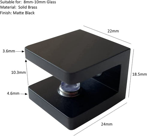 LukLoy Brass Glass Clamp, No-Drill-on-Glass Glass Holder Glass Shelf Bracket Glass Clip Support for 8mm - 10mm Glass (4, Matte Black)