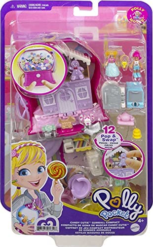 Polly Pocket Candy Cutie Gumball Compact, Gumball Theme with Micro Polly & Margot Dolls, 5 Reveals & 13 Related Accessories, Pop & Swap Feature, Great Gift for Ages 4 Years Old & Up
