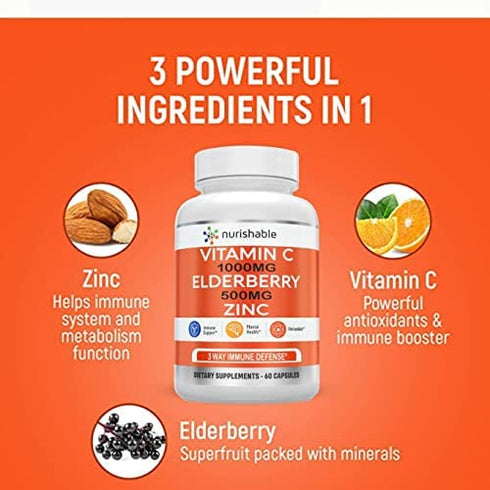 Elderberry with Zinc and Vitamin C For Adults - Vitamin C 1000mg Capsules with Zinc 50mg & Elderberry for Immune Support & Antioxidant Protection - Easy To Swallow, Non-GMO - 60 Veggie Capsules