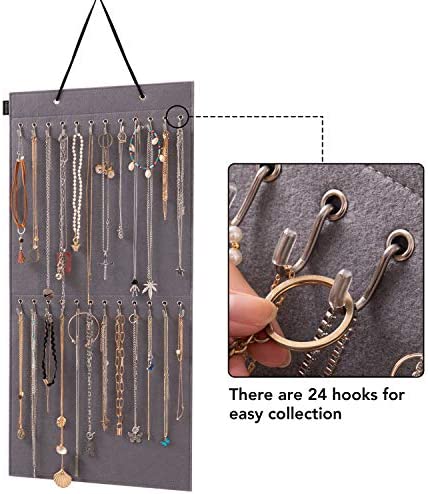 AFUOWER Jewelry Organizer Hanging Necklace Storage Holder for Girl Women 24 Hooks Organizer for Holding Jewelries 1 Pack (Gray)