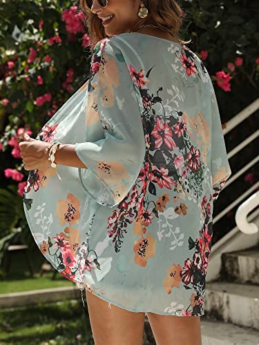 Chunoy Women Floral Print Lightweight Chiffon Kimono Cardigan Short Sleeve Loose Beach Wear Cover Up Blouse Top