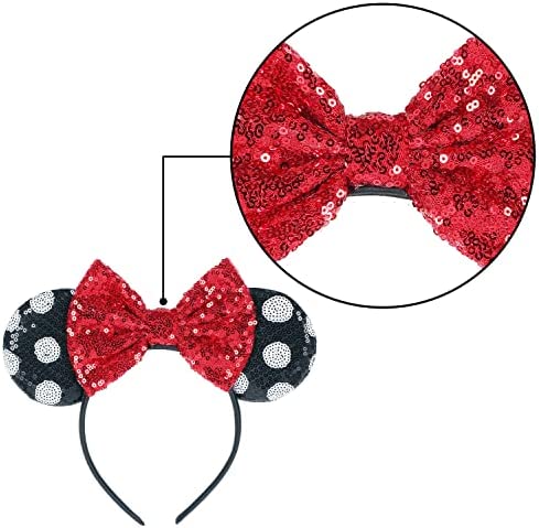 2 Pcs Mouse Ears Bow Headbands, Shiny Sequin Bow Headbands Classic Red Mouse Ears Headbands for Adult Women Girls