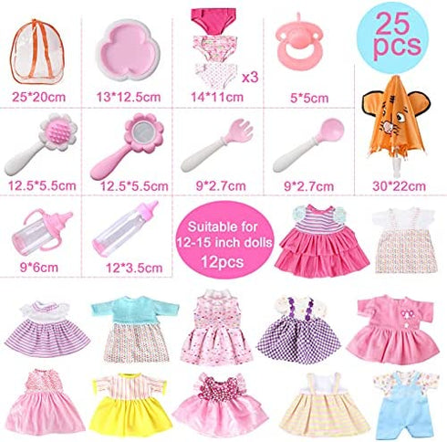 Baby Doll Clothes Fits 12'' 13'' 14'' 15''Bitty Girl Alive Baby Doll Clothes Diapers 360°Sewing Dresses for with Doll Nappies, Milk Bottle, Nipple, and Doll Accessories Pack of 25 Bag Set