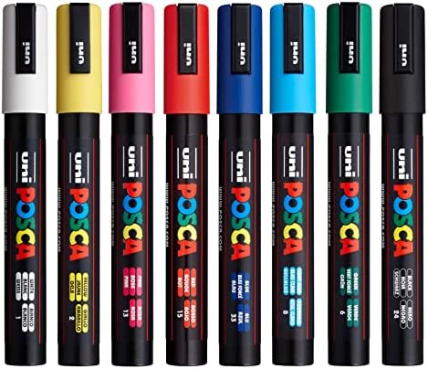 Posca Full Set of 8 Acrylic Paint Pens with Reversible Medium Point Pen Tips, Posca Pens are Acrylic Paint Markers for Rock Painting, Fabric, Glass Paint, Metal Paint, and Graffiti