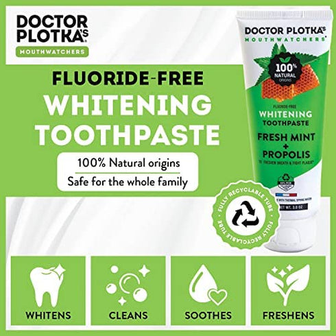 Dr Plotkas Natural Fluoride Free Whitening Toothpaste by Mouthwatchers | Organic Propolis and Fresh Organic Mint | Sensitive Teeth and Gums | | 3 Oz. Tube
