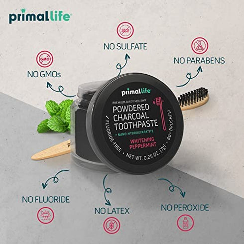 Primal Life Organics - Dirty Mouth Toothpowder, Activated Charcoal Tooth Cleaning Powder, Essential Oils With Hydroxyapatite, Kaolin & Bentonite Clay, 60+ Brushings, Organic, Vegan (Black Peppermint, 0.25 oz)