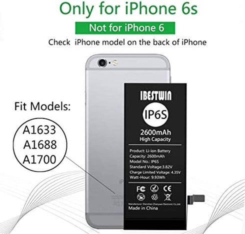 Battery for iPhone 6s, 2600mAh High Capacity Battery Replacement Kit for IP 6s A1633, A1688 and A1700 with Full Remove Tool Kit and Instruction (Only for IP 6s)