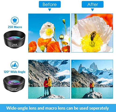 Criacr Phone Camera Lens, 210 °Fisheye Lens + 120 °Wide Angle + 25X Macro + 2X Telephoto + Star Lens + CPL + 6 Kaleidoscope 7 in 1 Phone Lens Kit Compatible with iPhone/Samsung/Google Pixel etc
