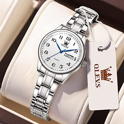 OLEVS Women Watches Gold Silver Stainless Steel Waterproof Analog Large Easy Reader Day Date Watches