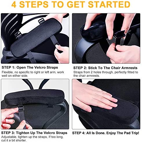 INTSUN Armrest Pad 2Pcs Padded Armrest Cushion Universal Arm Rest Pads with Adjustable Hook & Loop Fastener Elbow Pillow Memory Foam Arm Chair Covers for Office Chair, Wheelchair, Gaming Chair (black)