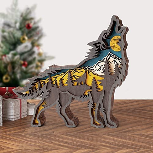 Forest Animals Wooden Wolf Decor, Wolf Figurines and Statues, Howling Wolf Desk Decor with Hollowed Multilayers, Wood Wolf Sculpture Rustic Home Decor, Wolf Decorations for Home Shelf Cabinet Table